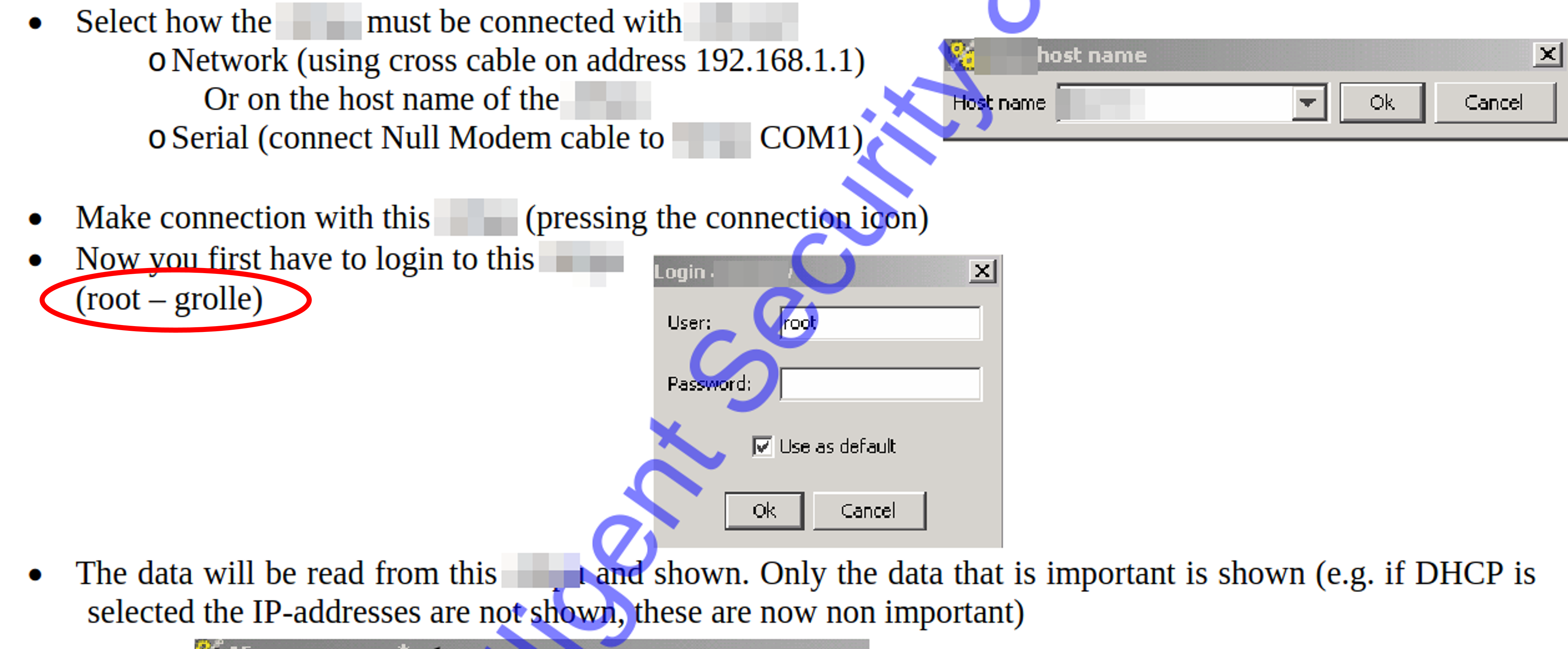 Screenshot of a setup guide showing default credentials. Device names and brands censored.